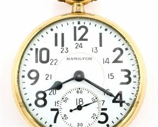 A Hamilton 992B Model Railroad watch.  16 size, 21 j, Adj Temp & 6 pos, DMK, SW, LS, Engraved Hamilton GF, OF, Porcelain 24 hr DSD with Arabic numerals marked "Hamilton".  Serial #C67370.  Minor wear, winds, sets and running when cataloged.  ESTIMATE $200-300