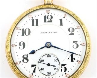 A Hamilton 992 Model Railroad watch.  16 size, 21 j, Adj Temp & 5 pos, DR, DMK, GJS, SW, LS, Engraved Fahys GF, OF, Porcelain DSD with Arabic numerals marked "Hamilton".  Serial #1738543.  Some wear, winds, sets and running when cataloged.  ESTIMATE $200-300