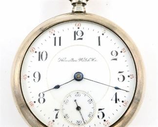 A Hamilton 926 Model Pocket watch.  18 size, 17 j, Adj Temp & 5 pos, DR, DMK, SW, LS, Fahys Sterling Silver with Inlaid Locomotive, OF, Porcelain DSD with Arabic numerals marked "Hamilton Watch Co.".  Serial #424924.  Some wear, sets and running when cataloged.  ESTIMATE $200-300