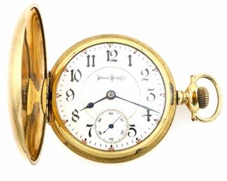 An Illinois "Bunn Special" Model Pocket watch.  18 size, 21 j, Adj Temp & 6 pos, DMK, GJS, SW, LS, Engraved Illinois GF, OF, Porcelain DSD with Arabic numerals marked "Illinois Watch Co.".  Serial #1424911.  Some wear, faint dial hairline, winds, sets and running when cataloged.  ESTIMATE $400-600