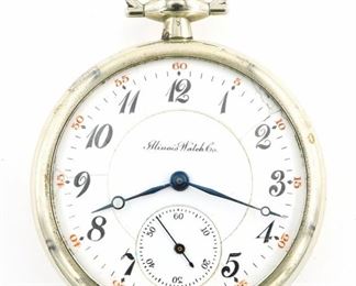 An Illinois Model 3 Private Label Pocket watch, for "F. E. Peckham & Co. Branford, Conn.".  16 size, 16 j, Adj, DMK, SW, LS, Philadelphia Silverode, OF, Porcelain DSD with Arabic numerals marked "Illinois Watch Co.".  Serial #1259012.  Some wear, dial hairlines, winds, sets and running when cataloged.  ESTIMATE $100-150