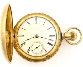 An Illinois Model 2 Pocket watch.  18 size, 11 j, KW/SW, LS, Engraved Keystone GF, HC, Porcelain SSD with Roman numerals marked "Illinois Watch Co.".  Serial #467649.  Some wear, monogrammed, lacks one retention screw, winds, sets and running when cataloged.  ESTIMATE $100-200