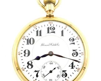 An Illinois Emperor Model Pocket watch.  16 size, 21 j, Adj, DMK, SW, LS, Engraved Fahys GF, OF, Porcelain DSD with Arabic numerals marked "Illinois Watch Co.".  Serial #2061156.  Some wear, dial hairlines, winds, sets and running when cataloged.  ESTIMATE $100-150