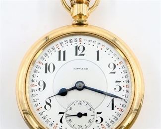A Howard/Keystone Series 4 Pocket watch.  16 size, 17 j, Swing Out movement, Adj Temp & 5 pos, DR, DMK, GJS, SW, LS, CWC Co. GF, OF, "Montgomery" Porcelain DSD with Arabic numerals marked "Howard".  Serial #982884.  Case wear, dial edge flake at 10:00, winds, sets and running when cataloged.  ESTIMATE $200-300