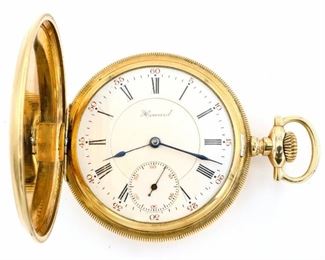 A Howard/Keystone Series 9 Pocket watch.  16 size, 17 j, Adj Temp & 3 pos, DR, DMK, SW, LS, Engine turned Keystone GF, HC, Porcelain DSD with Roman numerals marked "Howard".  Serial #962660.  Minor wear, monogramed, winds, sets and running when cataloged.  ESTIMATE $200-300