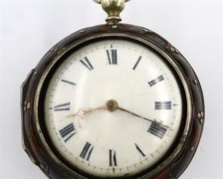 A late 18th century London Pair Case by John Woodman.  48 mm Sterling outer case with a Sterling Silver inner case hallmarked for 1772, chain driven fusee movement with engraved cock, KW, KS, convex Porcelain dial with Roman numerals and Gold filigree hands.  Serial #2756.  Some wear and old repairs and some damage to inner case, dial hairlines, winds, sets and running momentarily when cataloged.  ESTIMATE $300-500