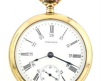 A AWW Co. "P. S. Bartlett" Model Pocket watch.  18 size, 17 j, Adj, SW, PS, engraved Fahys GF, OF, Porcelain 24 hr DSD with Roman numerals marked "Waltham".  Serial #17055224.  Some wear, dial hairlines, winds, sets and running when cataloged.  ESTIMATE $100-150