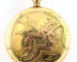 A South Bend Model 1 Pocket watch.  16 size, 15 j, DMK, SW, LS, Fancy three color GF, HC, Porcelain SSD with Arabic numerals marked "South Bend".  Serial #444856.  Some case wear, winds, sets and running when cataloged.  ESTIMATE $100-200