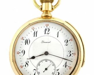 A partially disassembled  Dunand Five Minute Repeater pocket watch in a 14k Gold case.  52mm, SW, PS, 14k Gold OF, porcelain DSD with Arabic numerals marked "Dunand".  Case weighs 65.4 grams without movement.  Minor case wear, dial hairline, time train in movement has been removed, the strike train is intact and functioning, we are unsure if all of the parts are present, sold AS/IS.  ESTIMATE $3,000-4,000