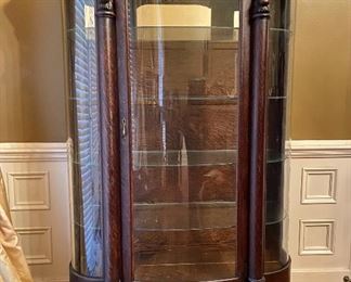 Antique tiger oak curved glass cabinet