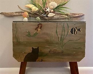 Item 3:  Hand Painted Side Table with Black Cat and Mermaid - 20"l x 13"w x 22.5"h:  $125