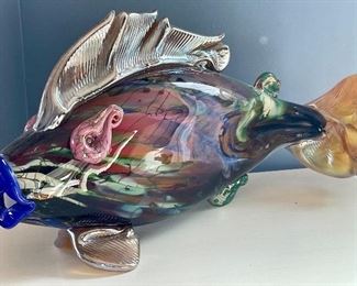 Item 323:  Signed Multi-Color Art Glass Fish with Big Blue Lips - 17" x 9": $185