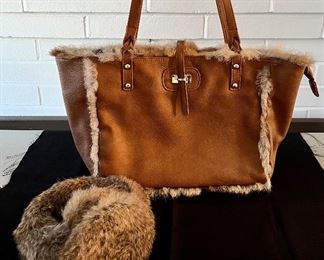 Item 91:  Suede Bag with Fur Trim and Earmuffs:  $75