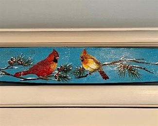 Item 89:  Hand Painted Cardinals on Wood Signed Lucinda - 27" x 5": $32