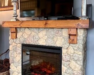 Item 37:  Fieldstone Pine and Stone-look Electric Fireplace Mantel - Really heats up the room! 54.75"l x 13"w x 42.75"h:  $995
