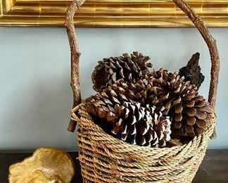 Item 167:  Rope Basket with Branch Handle, Pinecones and Mushrooms - 14" x 22": $32