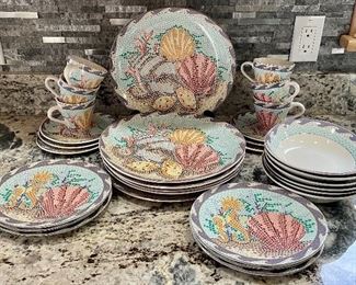 Item 176:  Sango Coquille Plates with Seahorse and Scallop:  $85                                                                                  6 dinner plates, 6 salad plates, 6 bowls, 6 cups & 6 saucers