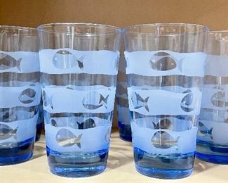 Item 177:  Set of 8 Blue Fish Glasses:  $24