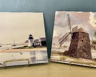 Item 274:  "Nantucket Ferry Leaving Lewis Bay (left) by N.S. Kennedy - 9.75" x 8":  $34                                                                                                               Item 275:  "View of Bass River & W. Dennis from Yarmouth" Tile (right) by N.S. Kennedy - 9.75" x 8":  $34                                                                                                                           