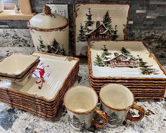 Item 253:  St. Nicholas Square "Snow Valley" Dishes - GORGEOUS SET!:  $325                                                                                                10 dinner plates, 8 salad plates, 2 mugs, 1 canister/cookie jar, 2 nut dishes, 1 handled basket