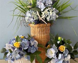Item 270:  (3) Faux Hydrangeas in Nantucket Baskets:  $32