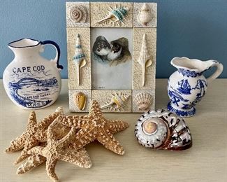 Item 271:  Lot of starfish, shell, "shell" frame and two pitchers:  $34