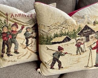Item 281:  Tapestry Down Pillows (Skiers) - 20" x 20":  $24/Each