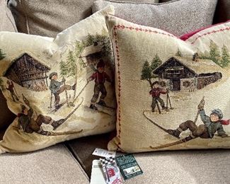 Item 282:  Tapestry Down Pillows (3 Skiers & Red Border) - 20" x 20":  $24/Each