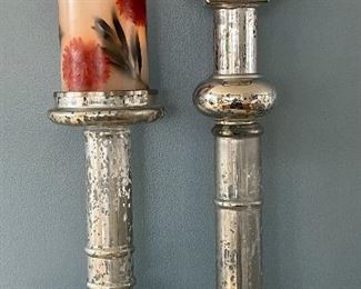 Item 293:  (2) Mercury Glass Pillar Candle Holders with Flameless Candles:  $34                                                                                                                Tallest - 20.25"