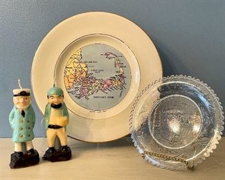 Item 301:  (2) Sailor Candles, Staffordshire Royal Winton Cape Code Map Plate & Pairpoint Plate:  $32/All                                       Largest - 10" 