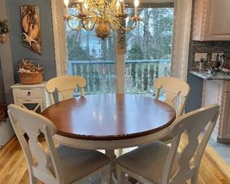 Item 15:  Pedestal Table & (4) Chairs:  $645                                                                                        Table - 48" x 30.5" & Leaf                                                                          Chairs - 21.5"l x 17.5"w x 38"h