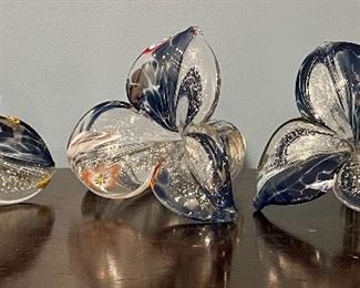 Item 310:  (3) Glass Flowers (clear & navy petals): $58