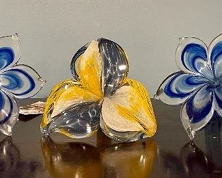 Item 311:  (3) Glass Flowers (2 blue & 1 yellow): $58
