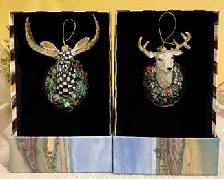Item 212:  MacKenzie Child Courtly Check Moose Ornament (left):  $68                                                                                Item 213:  MacKenzie Child Parchment Check Deer Ornament (right):  $68