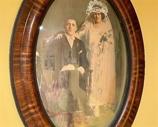 Item 435:  Antique Early 1900s Convex Glass Bubble Dome Wedding Picture with Tiger Wood and Oval Frame - 18.5" x 24": $125