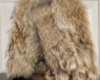 Item 478:  Camel and multicolor coyote fur Coach for Frye knee-high boots with square toes, brown distressed leather underlay, buckle accents at sides and block heels (size 8): $345