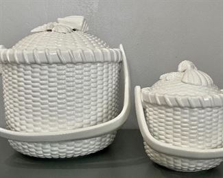 Item 269:  (2) Covered Nantucket Baskets (white):  $22                                         Tallest - 9.5"