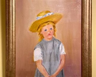 Item 374:  "Girl with Yellow Hat" Oil on Board by Violet O'Brien - 11" x 14": $75