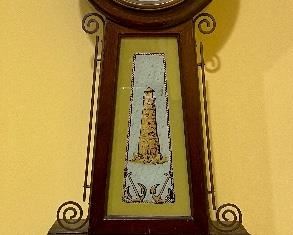 Item 45:  Antique Sessions Banjo Clock Ship Sea Scene Reverse Painting Light Tower House - 10.25" x 34":  $245