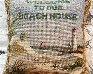 Item 388:  "Welcome to Our Beach House" Needlepoint Down Pillow - 12" x 12":  $24