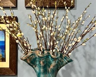 Item 312:  Aqua and Gold Murano Vase with Pussy Willows - 12": $65