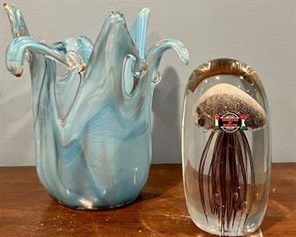 Item 315:  Murano Glass Aqua Vase (left):   $38                                              Item 316:  Murano Glass Jellyfish Paperweight (right): $15                                                                                                           Tallest - 7"