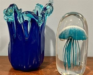 Item 317:  Murano Glass Vase (left - cobalt):    $38                                                          Item 318:  Floating Jellyfish Paperweight:   $15                                                           Tallest - 6" (SOLD)