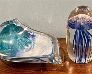 Item 320:  Murano Glass Leaf Bowl (left):    $28                                                             Item 321:  Floating Jellyfish Paperweight (right - blue):    $15   (SOLD)                                                                                                       Tallest - 5" 