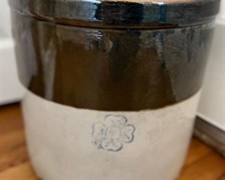 Item 339:  Alabama Miller Stoneware Crock - Blue Four Leaf Clover Brown White Stoneware- 12.5" x 13": $55