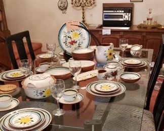 Stangl china, glass top dining table
