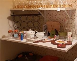 Mid century barware, wine rack, trays