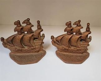 (2) Vintage Bronze Cast Iron Spanish Galleon Ship Bookends