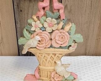 Vintage Cast Iron Flower Basket Ribbon Birds Door Stop