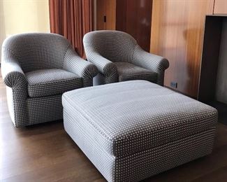 Pair custom rolled arm lounge chairs 
Matching custom ottoman